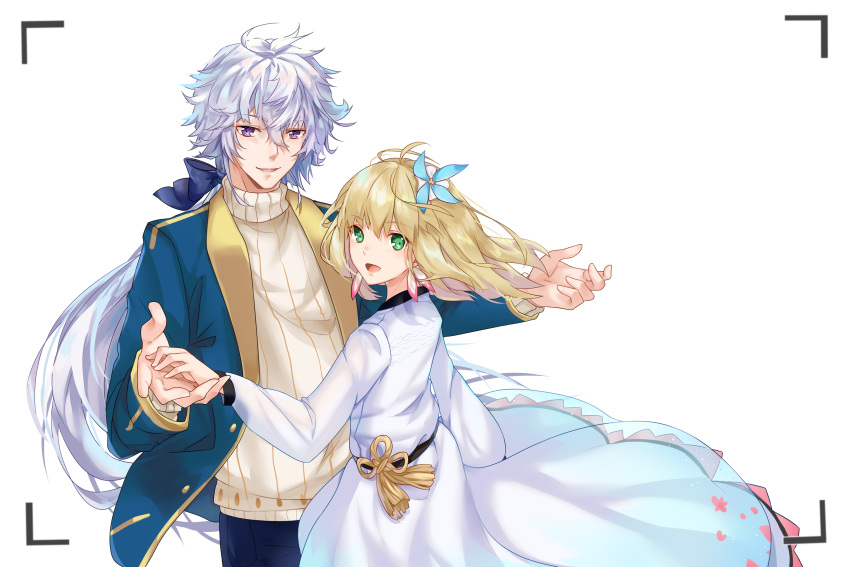 1boy 1girl absurdres ahoge artoria_pendragon_(all) bangs beige_sweater blonde_hair blue_bow blue_jacket bow commentary_request dress eyebrows_visible_through_hair fate/grand_order fate_(series) green_eyes hair_between_eyes hair_bow highres jacket kotatsu_kaya long_hair long_sleeves looking_at_viewer merlin_(fate) messy_hair open_mouth ribbon simple_background smile sweater violet_eyes white_background white_dress white_hair