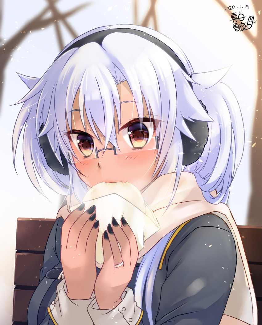 0yukiya0 1girl absurdres bench earmuffs eating enpera eyebrows_visible_through_hair food glasses hair_between_eyes highres jewelry kantai_collection long_hair musashi_(kantai_collection) red_eyes rimless_eyewear ring scarf sitting snowing solo twintails wedding_band white_hair winter