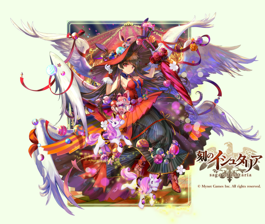 1girl age_of_ishtaria bangs bare_shoulders breasts brown_hair copyright_name detached_collar dress gloves hat high_heels highres long_hair looking_at_viewer medium_breasts mizushirazu multiple_wings necktie official_art red_eyes smile solo strapless strapless_dress white_wings wings