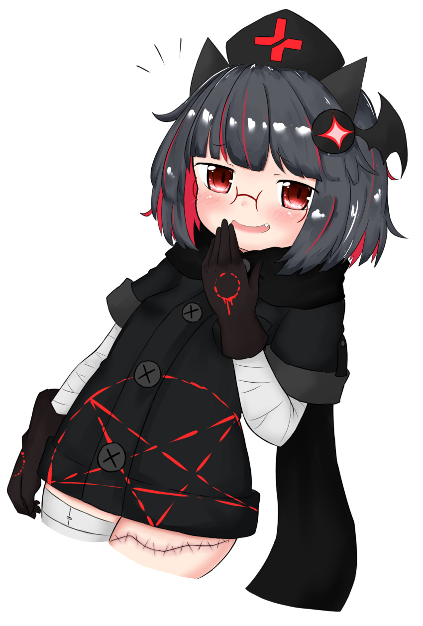 1girl :d bailingxiao_jiu bandaged_arm bandaged_leg bandages black_gloves black_hair black_headwear black_jacket black_scarf blush cropped_legs dutch_angle fang glasses gloves hair_ornament hat highres jacket looking_at_viewer multicolored_hair nurse_cap open_mouth original pentagram red-framed_eyewear red_eyes redhead scarf short_sleeves simple_background smile solo stitches two-tone_hair white_background