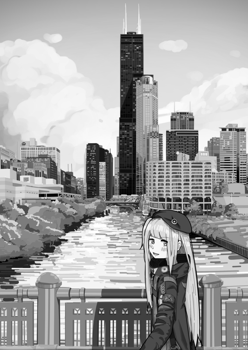 0206qwerty 1girl absurdres bangs beret boat building city cityscape eyebrows_visible_through_hair girls_frontline greyscale hat highres jacket long_hair looking_at_viewer mdr_(girls_frontline) monochrome open_mouth river scenery sidelocks smile solo watercraft willis_tower