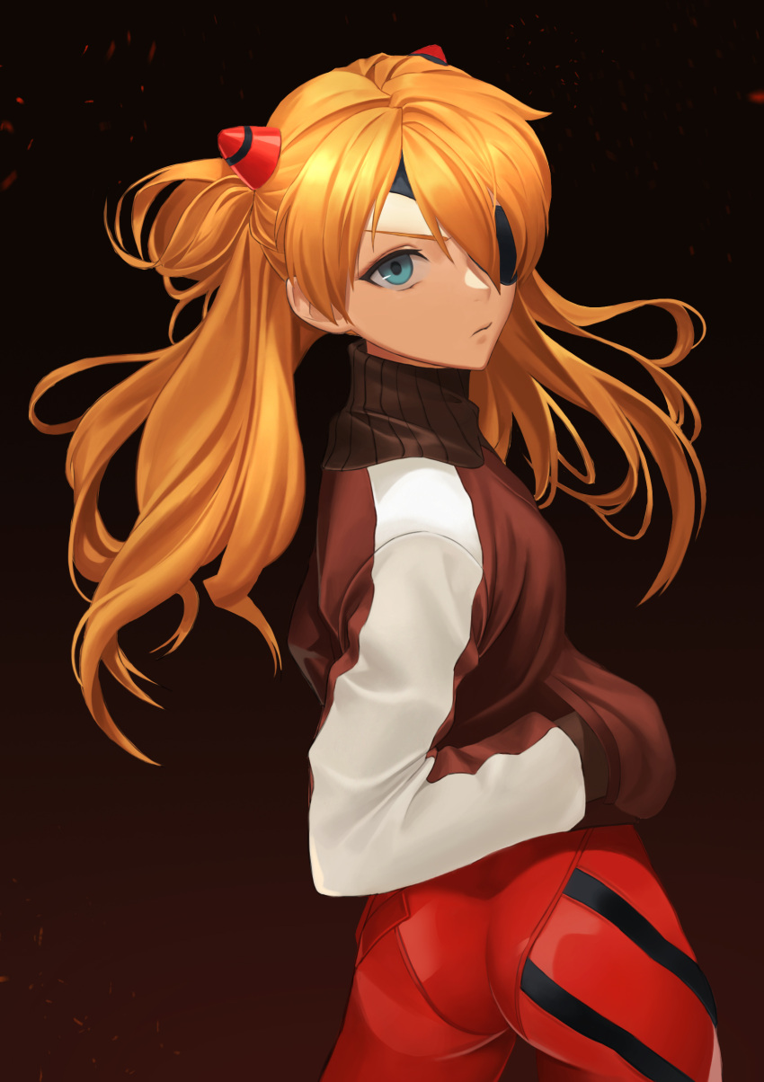 1girl absurdres ass black_background blonde_hair blue_eyes bodysuit brown_sweater closed_mouth cowboy_shot eyepatch floating_hair from_behind gradient gradient_background hand_in_pocket headgear highres long_hair looking_at_viewer looking_back neon_genesis_evangelion plugsuit red_bodysuit shikinami_asuka_langley shiny shiny_clothes shiny_hair solo souryuu_asuka_langley sr33023302 standing sweater turtleneck turtleneck_sweater twintails very_long_hair white_sleeves