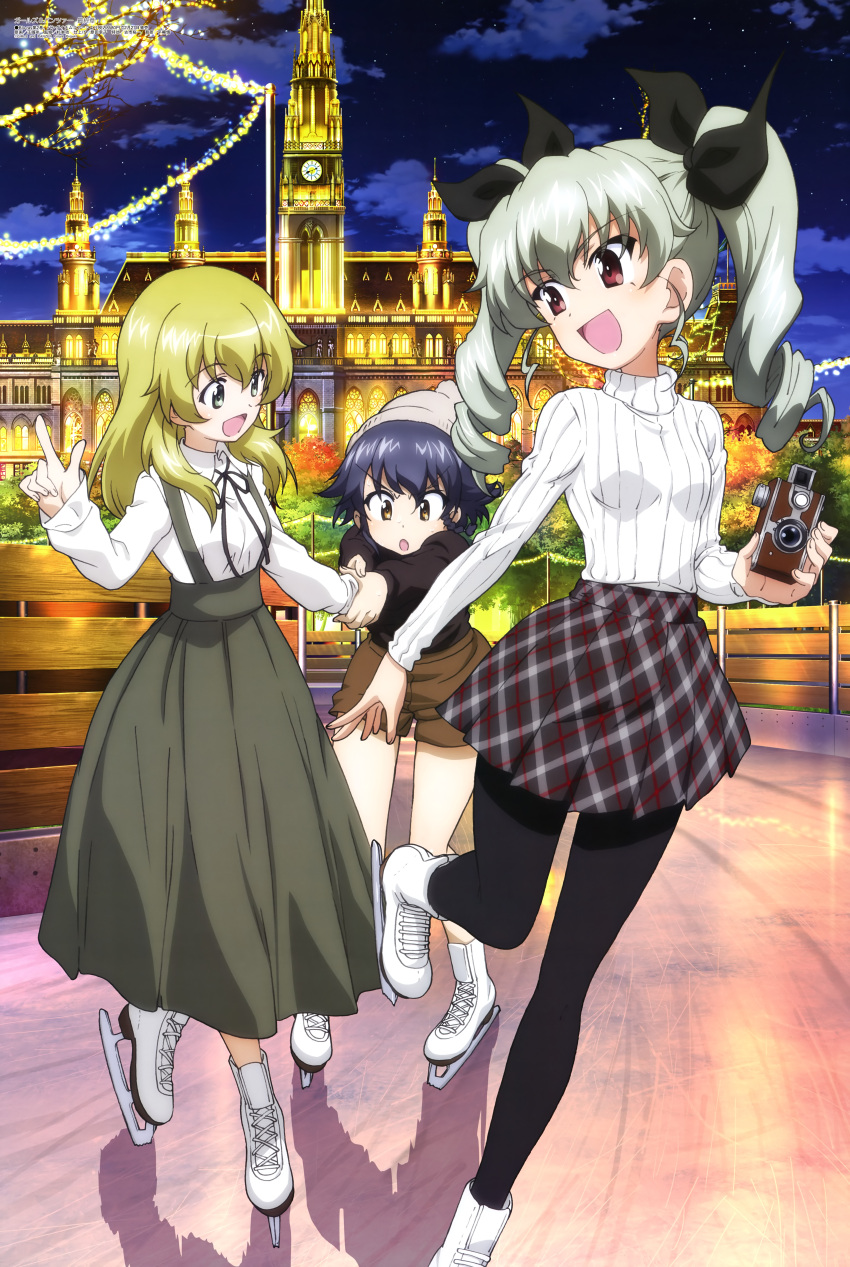 3girls :d absurdres anchovy_(girls_und_panzer) bangs beanie black_hair black_legwear black_ribbon black_shirt blonde_hair brown_pants brown_shorts building camera carpaccio_(girls_und_panzer) castle christmas_lights clock clock_tower dress drill_hair eyebrows_visible_through_hair fence girls_und_panzer green_eyes green_hair green_skirt hair_ribbon hat highres holding holding_camera holding_hands ice ice_skates ice_skating index_finger_raised long_skirt multiple_girls night night_sky official_art open_mouth outdoors pants pantyhose pepperoni_(girls_und_panzer) plaid plaid_skirt red_eyes ribbon shirt shorts skates skating skating_rink skirt sky smile standing sweater tower tree tree_branch twin_drills twintails window winter wooden_fence yellow_eyes