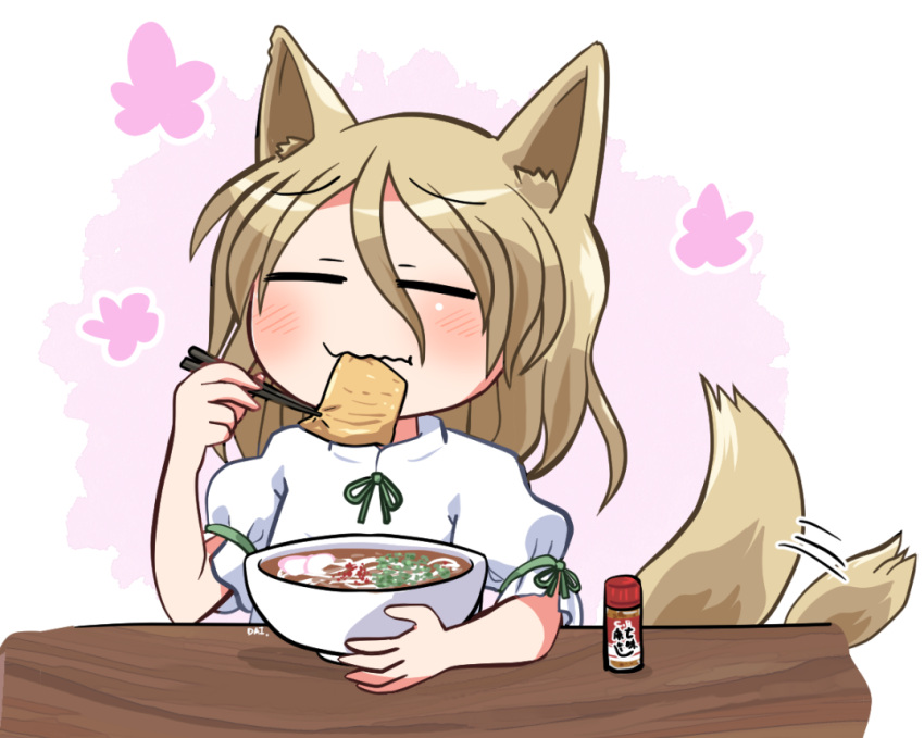1girl animal_ears closed_eyes condiment dress eating food fox_ears fox_tail green_ribbon japanese_clothes kudamaki_tsukasa puffy_short_sleeves puffy_sleeves ribbon rokugou_daisuke short_sleeves smile table tail tail_wagging touhou white_dress