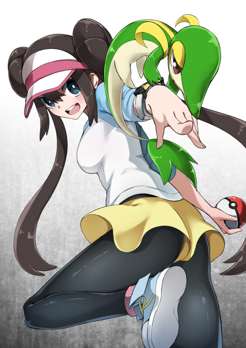 1girl :d absurdres ass bangs black_legwear blue_eyes bow breasts brown_hair commentary_request cowboy_shot double_bun gen_5_pokemon gradient gradient_background grey_background highres holding holding_poke_ball large_breasts legwear_under_shorts light_blush long_hair looking_at_viewer mei_(pokemon) open_mouth outstretched_arm pantyhose pink_bow poke_ball pokemon pokemon_(creature) pokemon_(game) pokemon_bw2 pokemon_on_arm profile raglan_sleeves red_eyes shoes short_shorts shorts sidelocks smile sneakers snivy solo_focus standing standing_on_one_leg tongue twintails upper_teeth very_long_hair visor_cap white_background yellow_shorts yuuki_(nijiiro_palette)