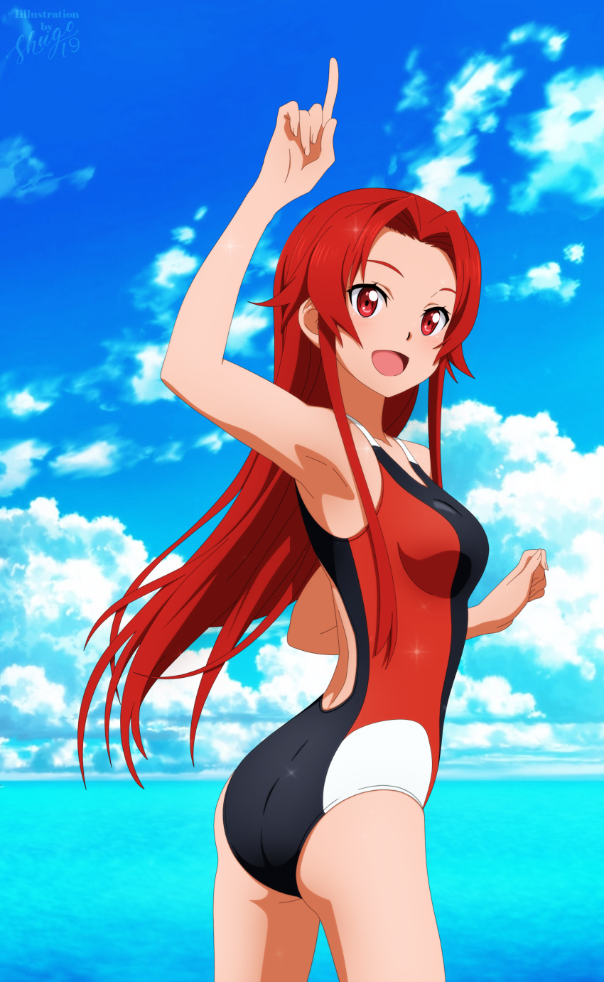 1girl :d absurdres arm_up armpits ass benjoerres blue_sky breasts clouds competition_swimsuit cowboy_shot day floating_hair hair_intakes highres huge_filesize index_finger_raised long_hair medium_breasts ocean one-piece_swimsuit open_mouth outdoors red_eyes redhead shiny shiny_hair sky smile solo sparkle standing straight_hair swimsuit sword_art_online tiese_schtrinen very_long_hair