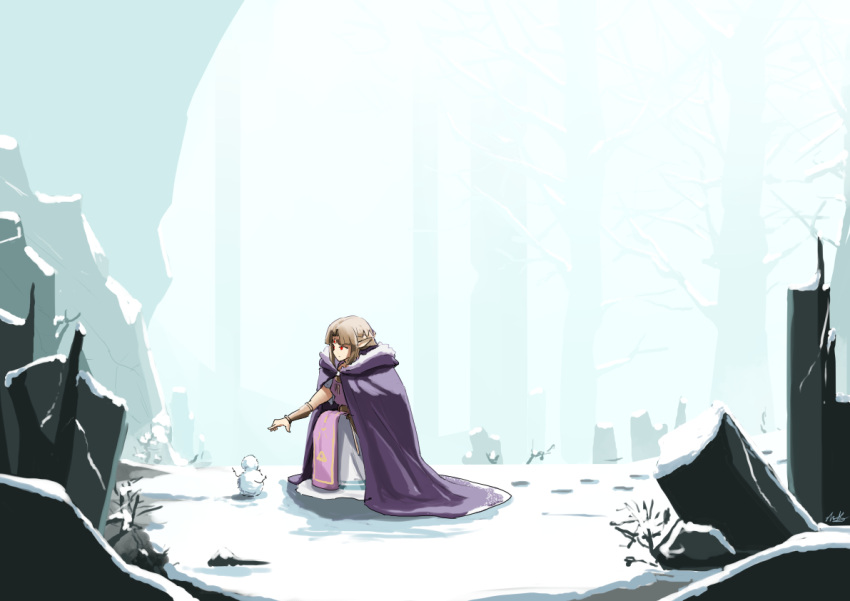 1girl automatic_giraffe bangs belt blonde_hair bracer circlet cloak commentary day dress english_commentary fog full_body fur-trimmed_cloak fur_trim outdoors outstretched_arm parted_bangs pointy_ears princess_zelda red_eyes snow snowman solo squatting tabard the_legend_of_zelda the_legend_of_zelda:_a_link_between_worlds the_legend_of_zelda:_a_link_to_the_past tree_stump white_dress winter