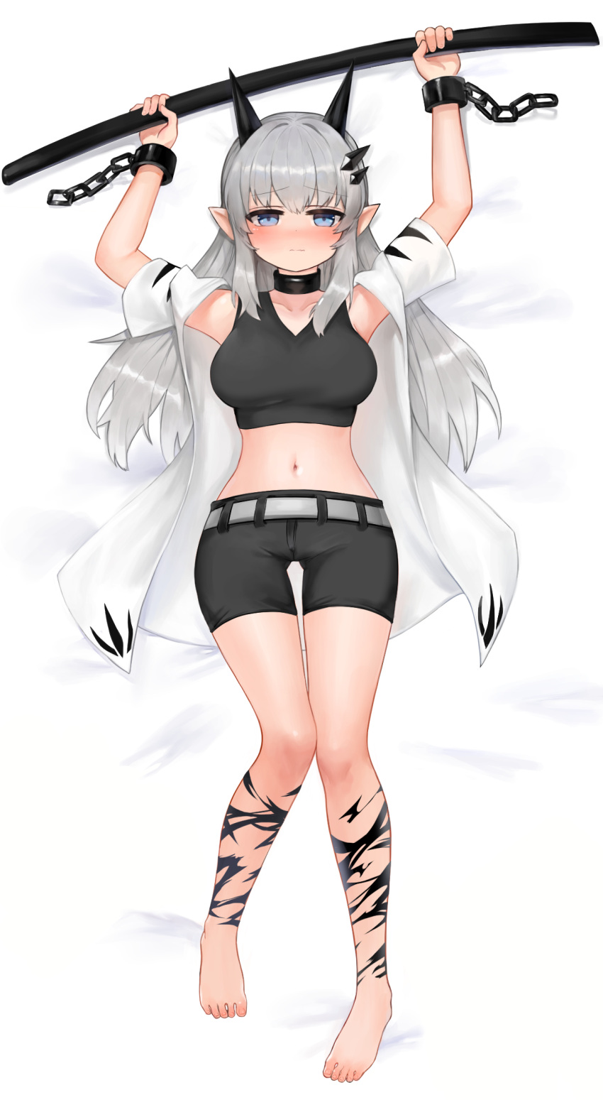 1girl arms_up bangs bare_shoulders barefoot bed_sheet belt black_shirt black_shorts blue_eyes blush breasts chain closed_mouth collarbone commentary_request commission cuffs dokomon eyebrows_visible_through_hair full_body grey_belt grey_hair hair_ornament highres holding horns jacket korean_commentary leg_tattoo long_hair looking_at_viewer lying medium_breasts midriff navel nose_blush on_back open_clothes open_jacket original pointy_ears shirt short_shorts short_sleeves shorts sleeveless sleeveless_shirt solo tattoo very_long_hair wavy_mouth white_jacket