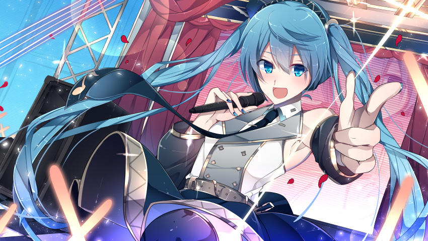 1girl :d absurdres armpits bangs black_legwear black_neckwear black_skirt black_sleeves blue_eyes blue_hair blue_hairband blue_nails checkered checkered_floor detached_sleeves eyebrows_visible_through_hair floating_hair hair_between_eyes hairband hatsune_miku highres holding holding_microphone huge_filesize idol long_hair long_sleeves looking_at_viewer microphone miniskirt nail_polish necktie open_mouth shiny shiny_hair skirt smile solo stage thigh-highs twintails very_long_hair vocaloid yuken_52