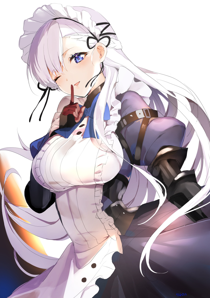 1girl absurdres apron azur_lane belfast_(azur_lane) blue_eyes braid breasts collar cowboy_shot french_braid frilled_apron frilled_gloves frills gloves gradient gradient_background highres hoerutarou large_breasts long_hair maid maid_apron maid_headdress one_eye_closed partly_fingerless_gloves silver_hair white_apron white_background