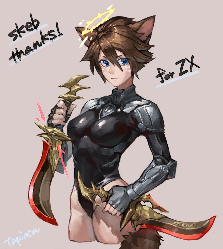 1girl animal_ears armor beige_background black_leotard blue_eyes brown_hair closed_mouth dagger dual_wielding facial_mark gloves grey_gloves hair_between_eyes halo highres holding holding_dagger holding_weapon leotard original pauldrons short_hair signature simple_background solo tail tapioka_chaso turtleneck weapon