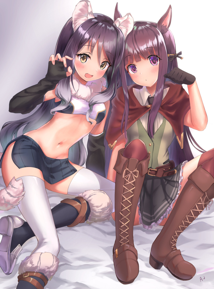 2girls animal_ears black_hair blush boots detached_sleeves fang gloves highres kashiwazaki_shiori kirihara_kasumi looking_at_viewer multiple_girls navel open_mouth paw_pose princess_connect! princess_connect!_re:dive purple_hair simple_background sylvaniaf tail thigh-highs tiger_ears tiger_tail violet_eyes white_background white_legwear yellow_eyes