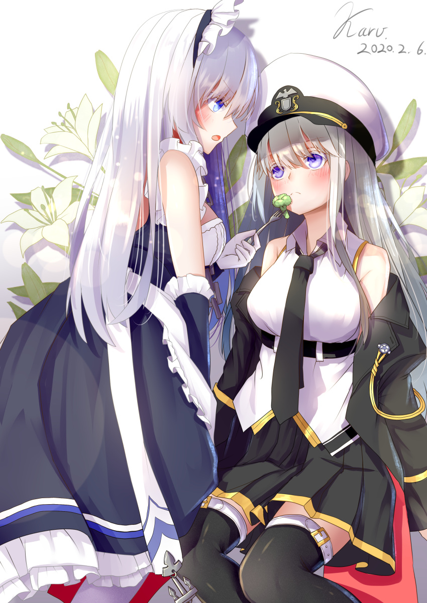 2girls absurdres apron azur_lane belfast_(azur_lane) belt black_belt black_coat black_legwear black_neckwear blue_eyes blush braid breasts broccoli chinese_commentary coat collar commentary_request enterprise_(azur_lane) flower french_braid frilled_apron frilled_gloves frills gloves grey_hair hat highres karv large_breasts lily_(flower) long_hair maid maid_apron maid_headdress military_hat multiple_girls open_clothes open_coat peaked_cap pleated_skirt shirt sitting skirt sleeveless sleeveless_shirt thigh-highs underbust violet_eyes white_apron white_hair white_headwear yuri