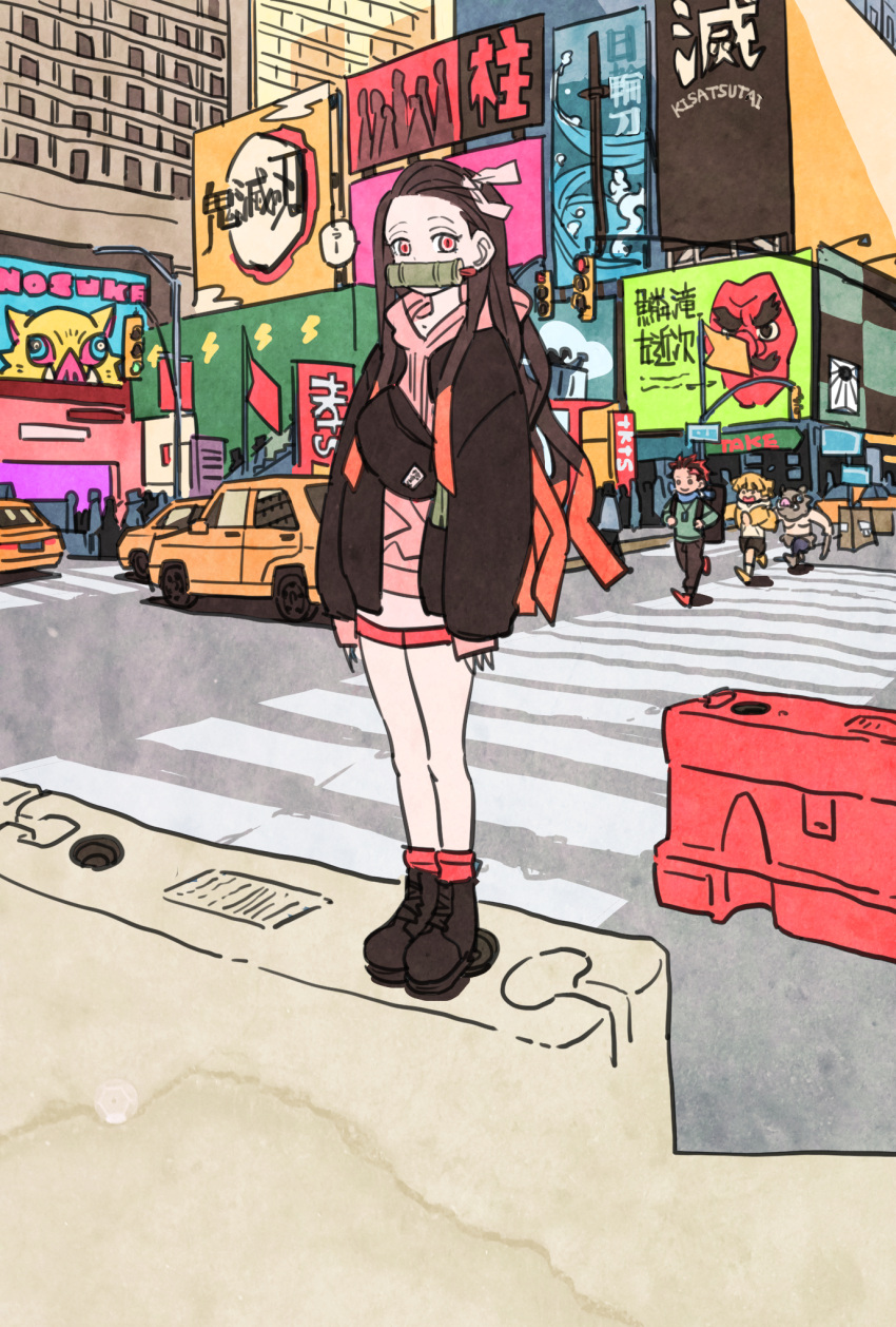 1girl 3boys agatsuma_zenitsu bit_gag blonde_hair boar_mask brown_footwear brown_hair building city contemporary crosswalk gag hair_ribbon hashibira_inosuke highres jacket kamado_nezuko kamado_tanjirou kimetsu_no_yaiba long_hair long_sleeves looking_at_viewer multicolored_hair multiple_boys orange_hair outdoors pink_eyes pink_ribbon red_legwear red_shorts ribbon ryosuketarou shorts sign sleeves_past_wrists slit_pupils socks standing taxi traffic_light two-tone_hair