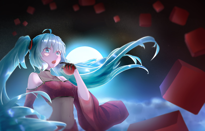 1girl 834588648 absurdres ahoge bangs black_gloves blue_eyes blue_hair breasts crop_top eyebrows_visible_through_hair floating_hair food fruit gloves hair_between_eyes half_gloves hatsune_miku highres holding holding_food holding_fruit long_hair long_sleeves midriff navel open_mouth red_apple see-through shiny shiny_hair shoulder_cutout small_breasts solo standing stomach upper_body very_long_hair vocaloid wide_sleeves