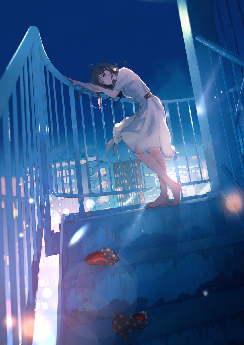 1girl absurdres barefoot black_hair building city commentary_request dress feet full_body hair_ornament hairclip high_heels highres lens_flare long_hair looking_at_viewer looking_to_the_side macaronk night original outdoors railing revision shoes shoes_removed solo stairs standing tears white_dress