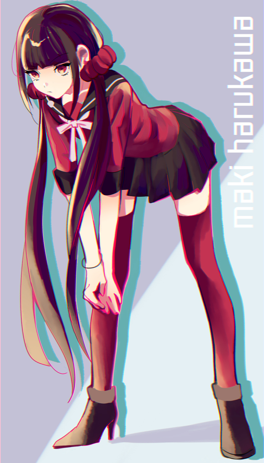 1girl absurdres bangs bent_over black_sailor_collar black_skirt blunt_bangs bracelet brown_eyes brown_footwear brown_hair character_name dangan_ronpa eyebrows_visible_through_hair full_body hair_ornament harukawa_maki highres jewelry long_hair long_sleeves luna_11777 miniskirt neck_ribbon new_dangan_ronpa_v3 pink_ribbon pleated_skirt red_legwear red_shirt ribbon sailor_collar sailor_shirt school_uniform shiny shiny_hair shirt skirt solo standing thigh-highs twintails very_long_hair zettai_ryouiki