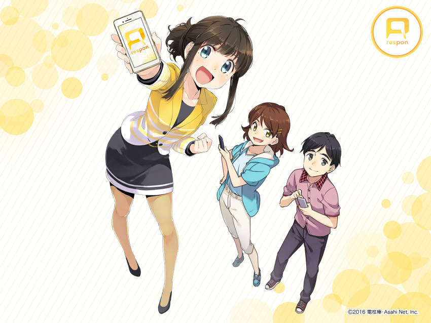 1boy 2girls :d ahoge artist_name black_footwear black_hair black_skirt blue_eyes blue_jacket brown_hair buttons cellphone copyright dated denchuubou full_body highres holding holding_cellphone holding_phone jacket koizumi_hinata_sensei logo long_sleeves looking_at_viewer medium_skirt multiple_girls open_mouth pantyhose pencil_skirt phone pointing product_placement red_shirt respon_incorporated sheer_legwear shirt shoes short_sleeves sidelocks skirt smile white_background