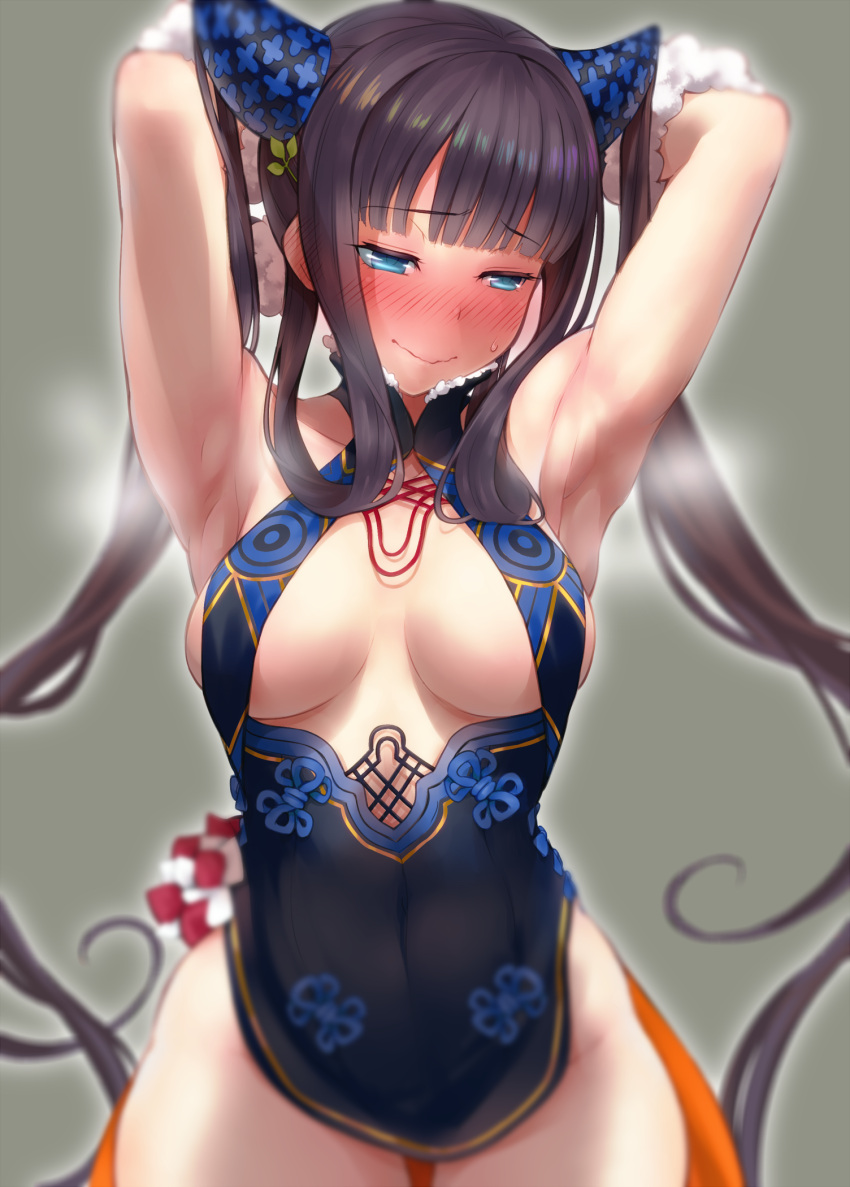 1girl amo_takumi armpits arms_behind_head arms_up bangs bare_shoulders black_dress blue_eyes blunt_bangs blush breasts center_opening china_dress chinese_clothes closed_mouth covered_navel detached_sleeves dress fate/grand_order fate_(series) full-face_blush grey_background hair_ornament highres large_breasts leaf_hair_ornament long_hair looking_to_the_side purple_hair sidelocks smile solo steaming_body twintails very_long_hair wavy_mouth yang_guifei_(fate/grand_order)