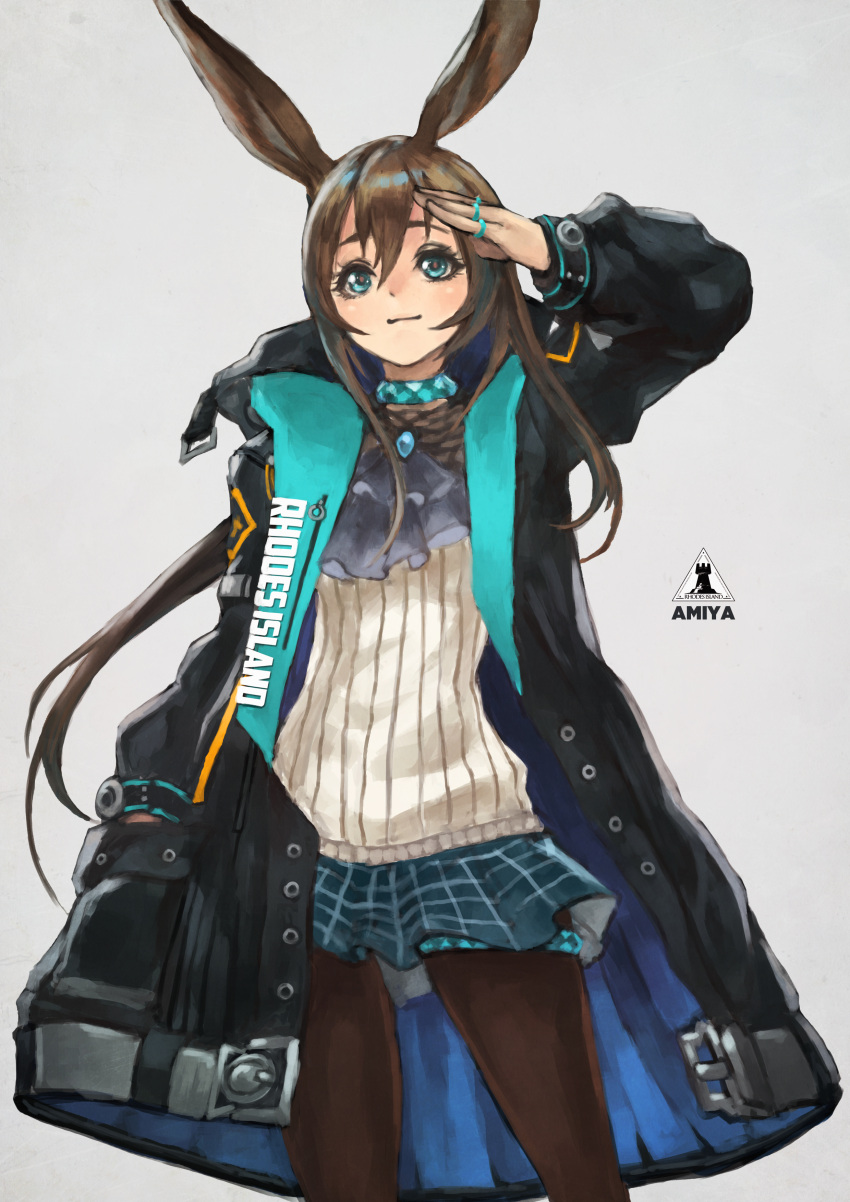 1girl absurdres amiya_(arknights) animal_ears arknights ascot black_jacket blue_eyes blue_skirt brown_hair brown_legwear character_name choker coat commentary english_commentary english_text eyelashes eyeshadow flat_chest frilled_ascot frills green_choker hand_in_pocket highres hood hood_down hooded_jacket jacket jewelry long_coat long_hair makeup monori_rogue multiple_rings open_clothes open_coat open_jacket pantyhose petite plaid plaid_skirt rabbit_ears ribbed_sweater ring salute sidelocks skirt solo sweater