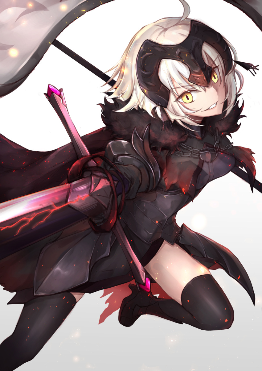 1girl ahoge armor armored_dress banner black_dress black_footwear black_gloves black_legwear dress fate/grand_order fate_(series) faulds gloves grin headpiece highres holding holding_sword holding_weapon ikikomi1 jeanne_d'arc_(alter)_(fate) jeanne_d'arc_(fate)_(all) leg_up looking_at_viewer running short_hair silver_hair simple_background slit_pupils smile solo sword thigh-highs weapon white_background yellow_eyes