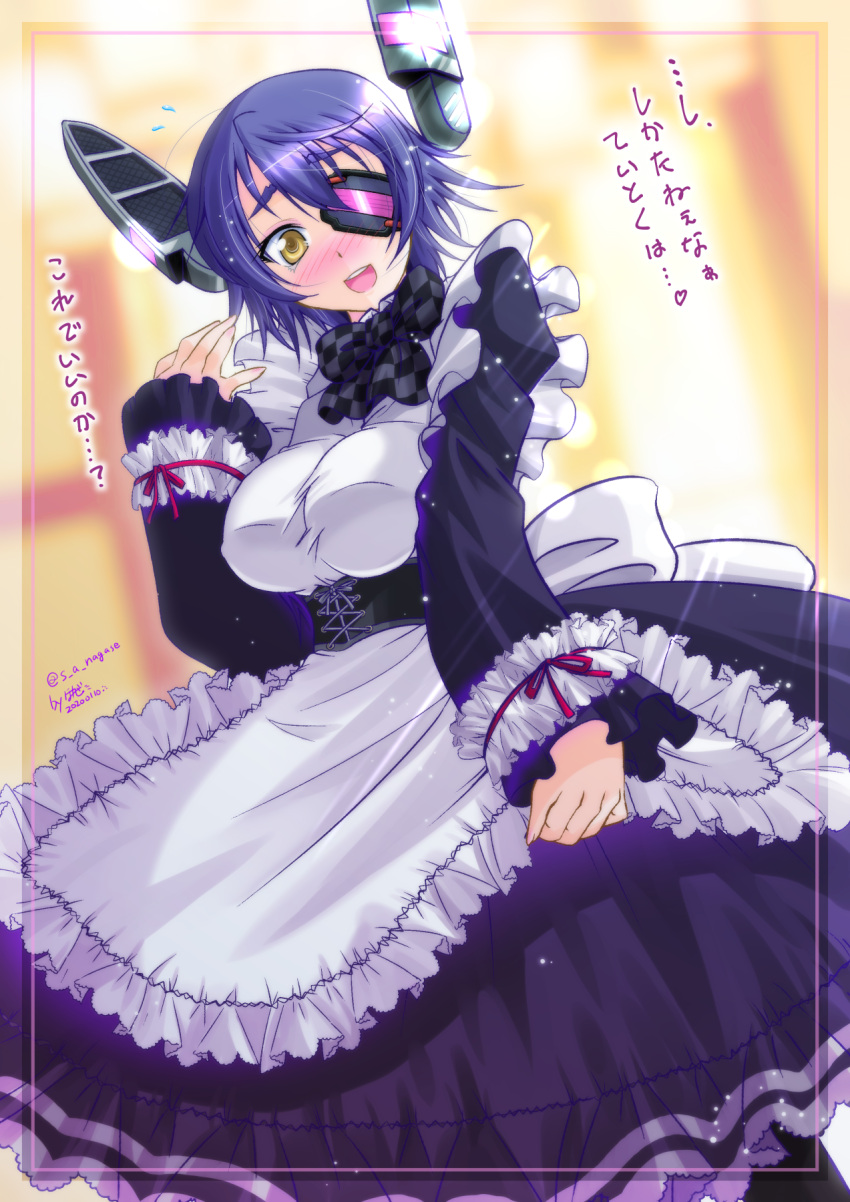 1girl alternate_costume apron apron_hold bangs black_dress black_neckwear blush bow bowtie breasts checkered checkered_neckwear corset dated dress enmaided eyebrows_visible_through_hair eyepatch flying_sweatdrops frilled_apron frills headgear highres kantai_collection large_breasts long_sleeves maid nagase_takeshi open_mouth purple_hair short_hair signature simple_background solo tenryuu_(kantai_collection) translation_request twitter_username white_apron yellow_background yellow_eyes