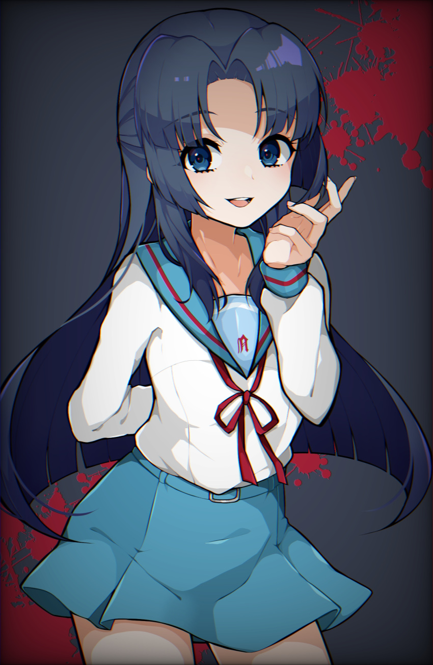 1girl :d arm_behind_back asakura_ryouko bangs blood blue_background blue_eyes blue_hair blue_sailor_collar blue_skirt commentary_request cowboy_shot eyebrows_visible_through_hair gradient gradient_background hand_up highres kita_high_school_uniform long_hair long_sleeves looking_at_viewer miniskirt open_mouth parted_bangs red_ribbon ribbon sailor_collar school_uniform serafuku shirt sidelocks skirt smile solo straight_hair suzumiya_haruhi_no_yuuutsu takae_(poupee_en_biscuit) very_long_hair white_shirt