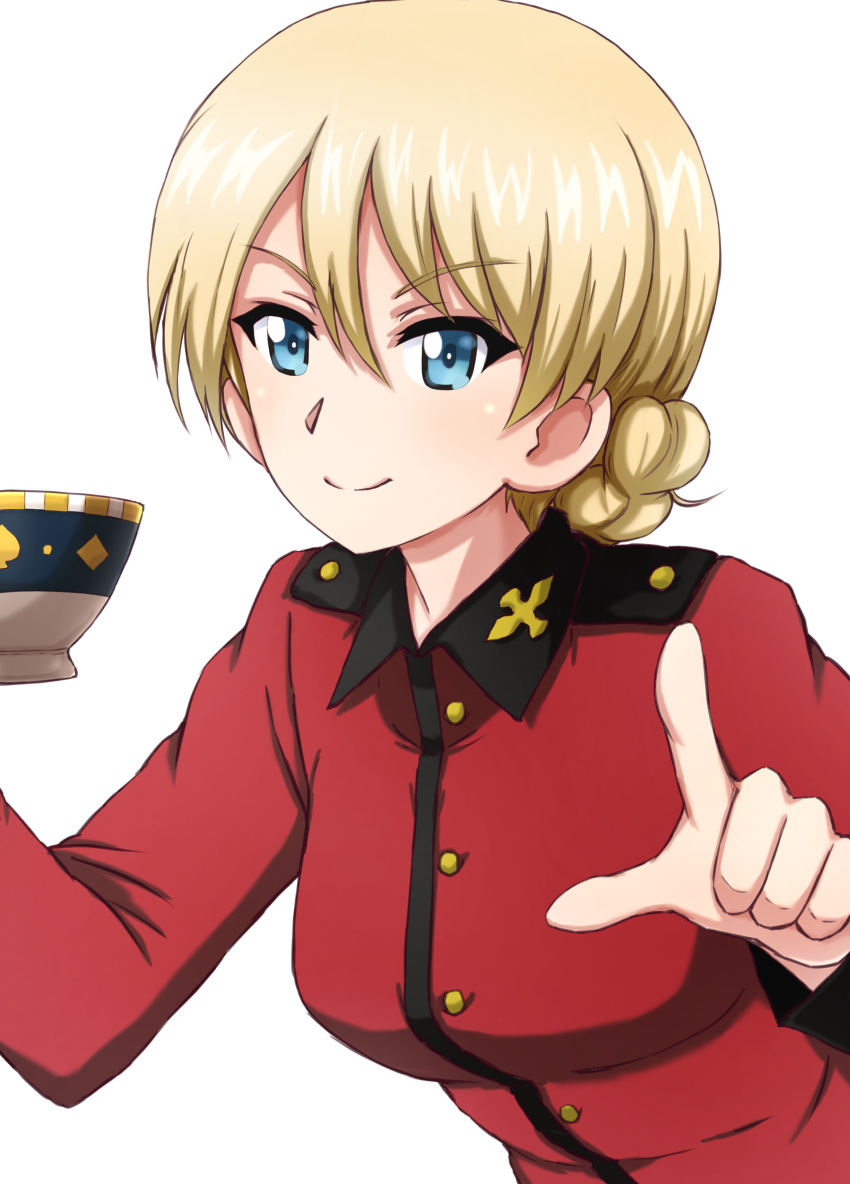 1girl absurdres bangs blonde_hair blue_eyes braid closed_mouth cup darjeeling_(girls_und_panzer) epaulettes eyebrows_visible_through_hair girls_und_panzer highres holding holding_cup insignia jacket long_sleeves looking_at_viewer military military_uniform omachi_(slabco) pointing pointing_at_viewer red_jacket short_hair simple_background smile solo st._gloriana's_military_uniform teacup tied_hair uniform upper_body white_background
