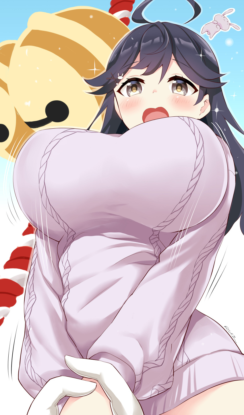 1girl absurdres ahoge alternate_costume animal artist_name bell black_hair blush breasts brown_eyes commentary_request eyebrows_visible_through_hair hair_ornament highres jingle_bell kantai_collection large_breasts long_hair long_sleeves motion_lines open_mouth purple_sweater rabbit ryuki_(ryukisukune) solo_focus sweater ushio_(kantai_collection) x_hair_ornament