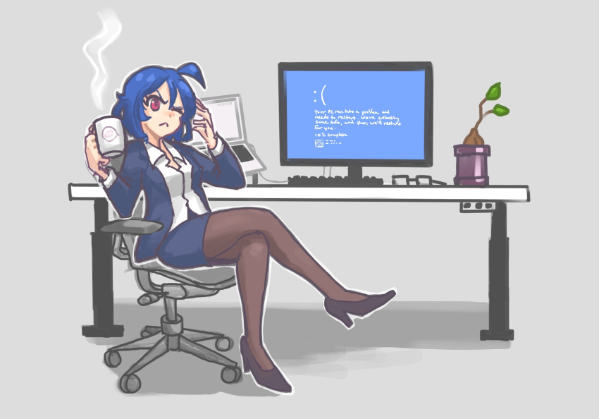 1girl :&lt; ahoge black_footwear black_legwear blue_hair blush closed_mouth coffee_mug collared_shirt computer cup hcnone high_heels highres holding holding_cup keyboard_(computer) long_sleeves looking_at_viewer mug office_lady one_eye_closed original pantyhose pink_eyes plant potted_plant shirt short_hair sitting skye_(hcnone) solo swivel_chair white_shirt