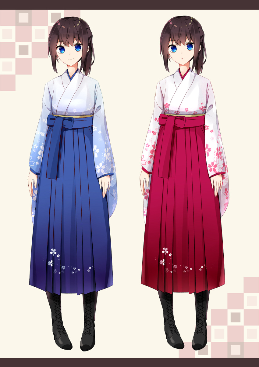 1girl aa_(sin2324) bangs beige_background black_footwear blue_eyes blue_hakama blue_kimono boots brown_hair commentary_request cross-laced_footwear eyebrows_visible_through_hair floral_print gradient_kimono hakama hakama-chan_(aa) highres japanese_clothes kimono lace-up_boots letterboxed long_sleeves multiple_views original pigeon-toed ponytail print_kimono red_hakama sidelocks sleeves_past_wrists standing white_kimono wide_sleeves