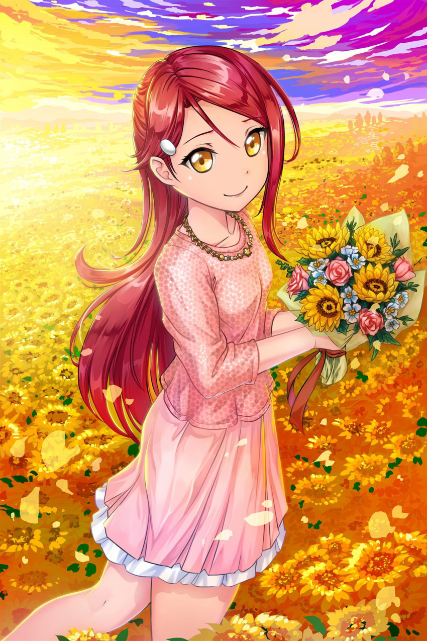 1girl bangs blue_flower bouquet closed_mouth crazypen day field flower flower_field hair_ornament hairclip highres holding holding_bouquet layered_skirt long_hair long_sleeves looking_at_viewer love_live! love_live!_sunshine!! miniskirt outdoors petals pink_flower pink_shirt pink_skirt redhead sakurauchi_riko shiny shiny_hair shirt skirt smile solo standing swept_bangs very_long_hair yellow_eyes yellow_flower