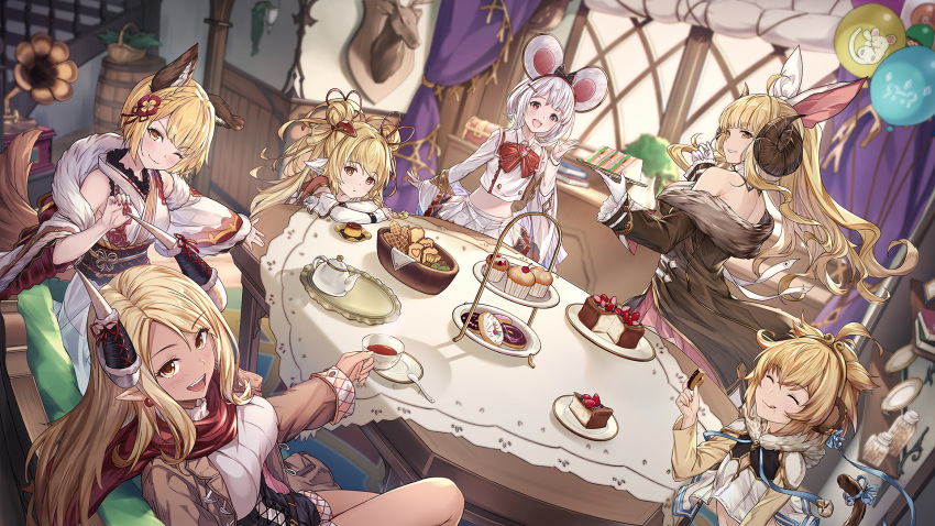 6+girls andira_(granblue_fantasy) anila_(granblue_fantasy) animal_ears balloon bell blonde_hair cake cookie cup dog_ears dog_girl dog_tail eating erune fake_animal_ears food granblue_fantasy harvin hentai_kuwa highres horns jingle_bell kuvira_(granblue_fantasy) licking_lips long_hair looking_at_viewer looking_back mahira_(granblue_fantasy) monkey_ears multiple_girls open_mouth paw_pose red_eyes sandwich sitting tail teacup teapot tongue tongue_out twintails two_side_up vajra_(granblue_fantasy) vikala_(granblue_fantasy) white_hair