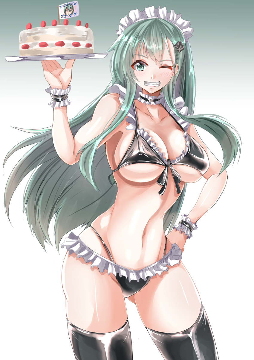 1girl absurdres aqua_eyes aqua_hair bikini black_bikini black_legwear blush breasts cake covered_nipples eyebrows_visible_through_hair food frills gradient gradient_background hair_ornament hairclip highres kantai_collection kentan_(kingtaiki) long_hair looking_at_viewer maid_bikini maid_headdress micro_bikini navel one_eye_closed smile solo suzuya_(kantai_collection) swimsuit thigh-highs