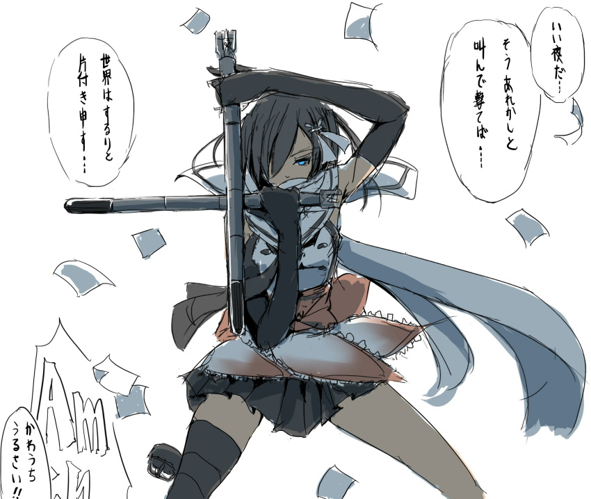 1girl alexander_anderson bangs black_gloves black_skirt brown_hair elbow_gloves fingerless_gloves gloves hair_ornament hellsing highres kantai_collection looking_at_viewer monochrome remodel_(kantai_collection) scarf school_uniform sendai_(kantai_collection) serafuku short_hair skirt solo t.k.o torpedo translation_request two_side_up white_scarf