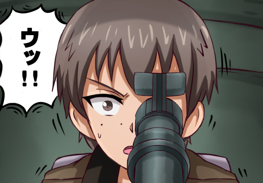 1girl bangs brown_eyes brown_hair close-up commentary face freckles girls_und_panzer highres motion_lines naomi_(girls_und_panzer) omachi_(slabco) open_mouth short_hair solo surprised sweatdrop tank_interior translated very_short_hair