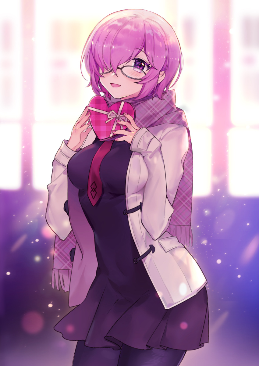 1girl absurdres black_dress blush breasts commentary_request dress eyebrows_visible_through_hair fate/grand_order fate_(series) glasses gloves grey_jacket hair_over_one_eye highres holding holding_heart impossible_clothes impossible_dress jacket large_breasts looking_at_viewer mash_kyrielight necktie open_mouth pink_eyes pink_hair pink_neckwear pink_scarf purple_hair scarf short_hair smile solo violet_eyes yayako_(804907150)