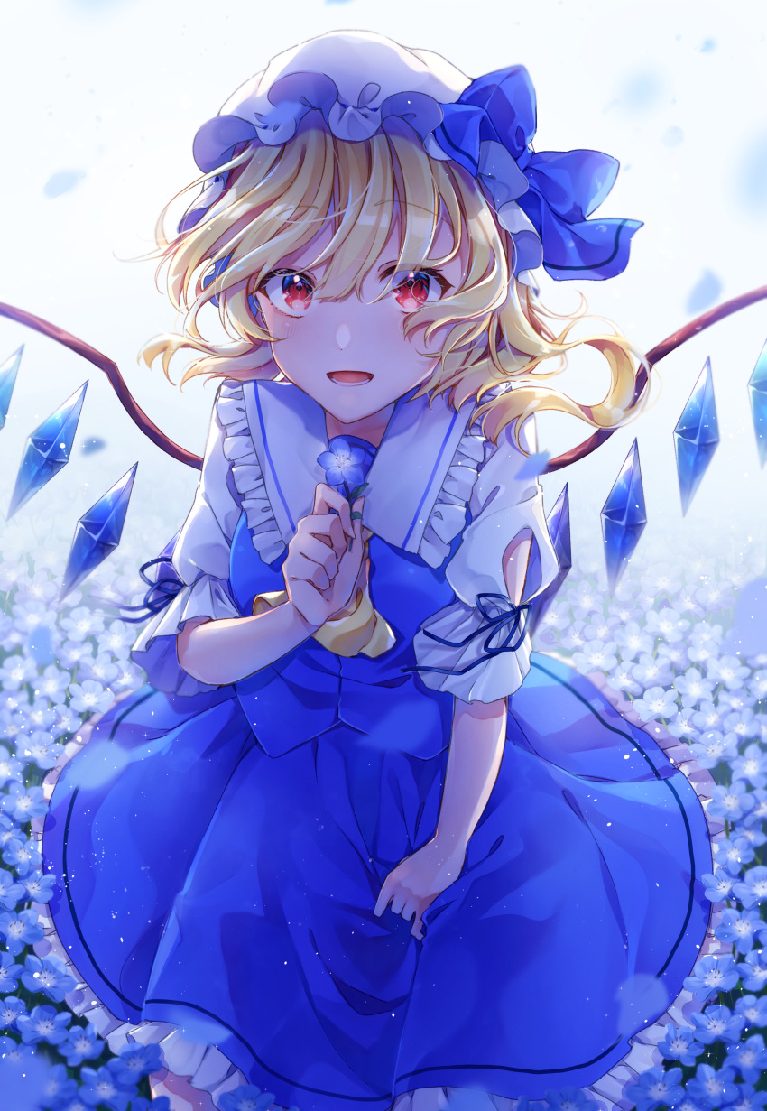1girl :d absurdres alternate_color bangs blonde_hair blue_bow blue_flower blue_ribbon blue_shirt blue_skirt bow eyebrows_visible_through_hair flandre_scarlet flower frilled_skirt frills hair_between_eyes hat hat_bow highres imoko_hyp looking_at_viewer miniskirt open_mouth red_eyes ribbon ribbon-trimmed_sleeves ribbon_trim shiny shiny_hair shirt short_hair short_sleeves skirt smile solo touhou white_headwear white_sleeves wings