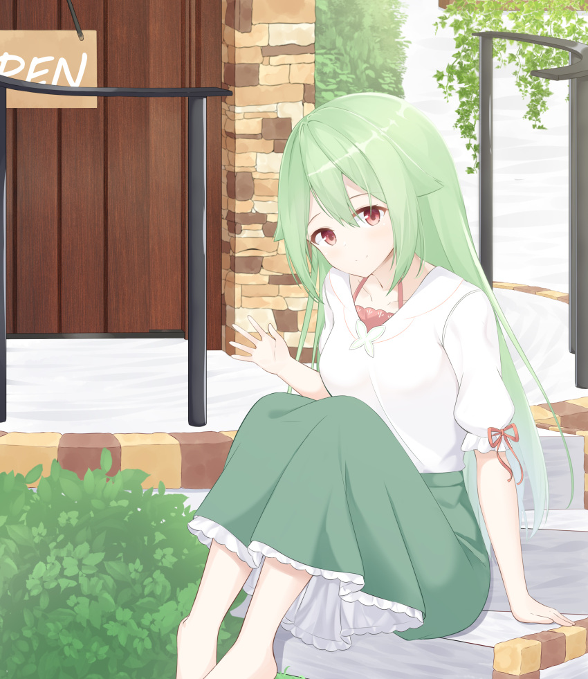 1girl absurdres bangs barefoot breasts closed_mouth collarbone day door eyebrows_visible_through_hair feet_out_of_frame green_hair green_skirt hair_between_eyes highres knees_up long_hair looking_at_viewer medium_breasts original outdoors puffy_short_sleeves puffy_sleeves red_eyes roido_(taniko-t-1218) shirt short_sleeves sitting sitting_on_stairs skirt smile solo stairs stone_stairs very_long_hair white_shirt