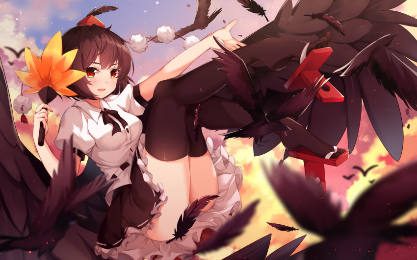 1girl animal ass bangs bird black_hair black_legwear black_neckwear black_skirt black_wings breasts clouds crow fan feathers geta hat highres holding holding_fan looking_at_viewer medium_breasts miniskirt nahaki open_mouth outdoors outstretched_arm panties pom_pom_(clothes) puffy_short_sleeves puffy_sleeves red_eyes red_footwear red_headwear shameimaru_aya shirt short_hair short_sleeves skirt sky smile solo sparkle tengu-geta thigh-highs tokin_hat touhou underwear white_panties white_shirt wings