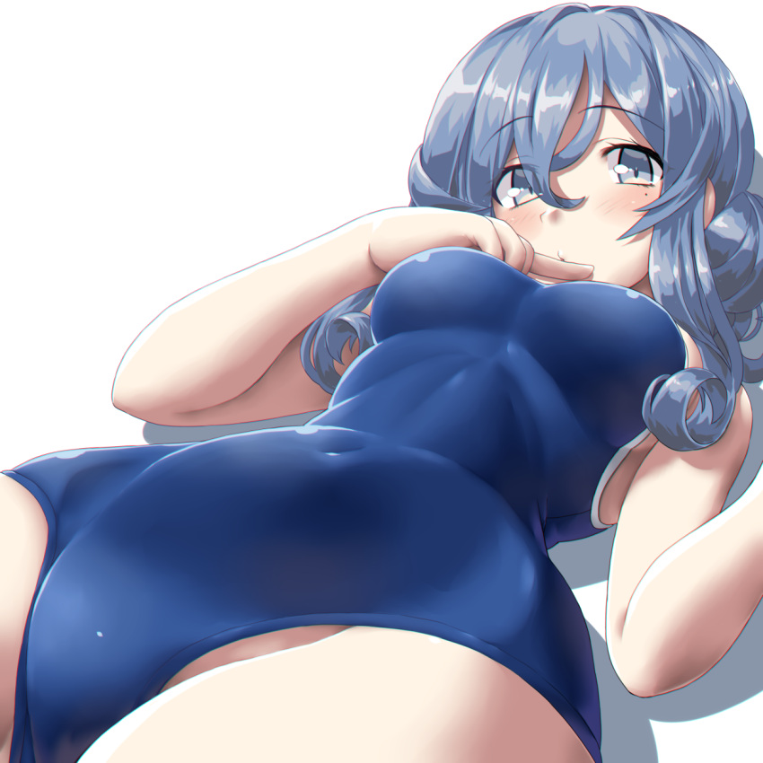 1girl blue_eyes blue_hair breasts commentary dd_(ijigendd) gotland_(kantai_collection) hair_between_eyes highres kantai_collection long_hair looking_at_viewer medium_breasts mole mole_under_eye new_school_swimsuit one-piece_swimsuit school_swimsuit simple_background solo swimsuit white_background