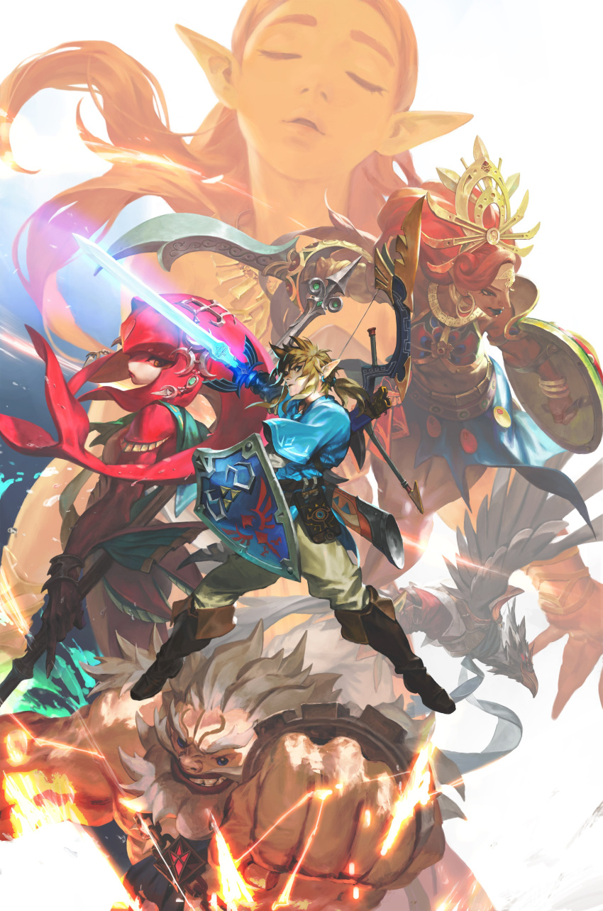 3boys 3girls absurdres beak beard blonde_hair boots bow_(weapon) bracelet clenched_hand clenched_teeth closed_eyes commentary dark_skin daruk facial_hair gerudo goron head_fins highres jewelry korean_commentary link master_sword mipha multiple_boys multiple_girls muscle parted_lips pointy_ears polearm princess_zelda punching quiver red_skin redhead revali rito scabbard sheath sheikah_slate shield sword teeth the_legend_of_zelda the_legend_of_zelda:_breath_of_the_wild tiara urbosa wan_young_yun weapon wings zora