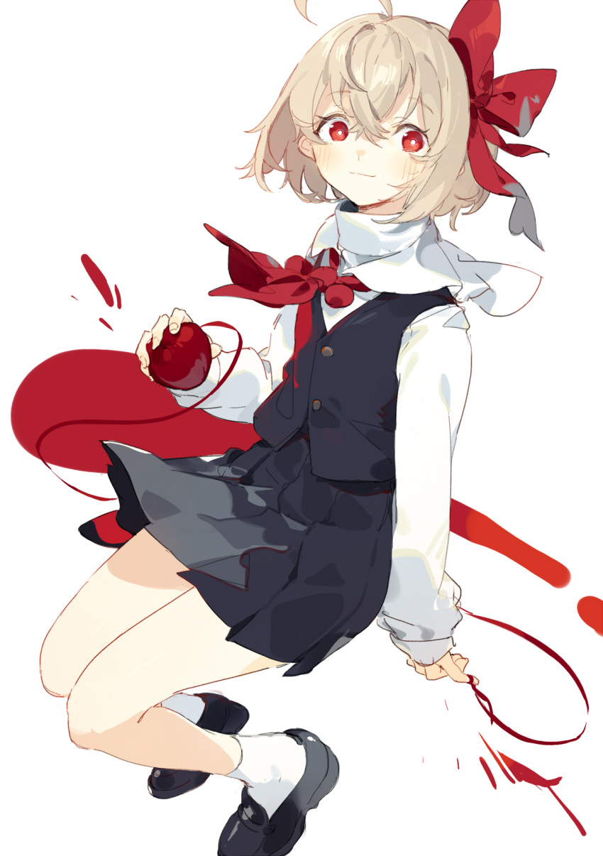 1girl ahoge ascot bangs black_footwear black_skirt black_vest blonde_hair blush bow commentary eyebrows_visible_through_hair hair_between_eyes hair_bow highres holding loafers long_sleeves looking_at_viewer miniskirt pleated_skirt red_bow red_eyes red_neckwear rumia sh_(562835932) shirt shoes short_hair simple_background skirt skirt_set smile socks solo touhou vest white_background white_legwear white_shirt