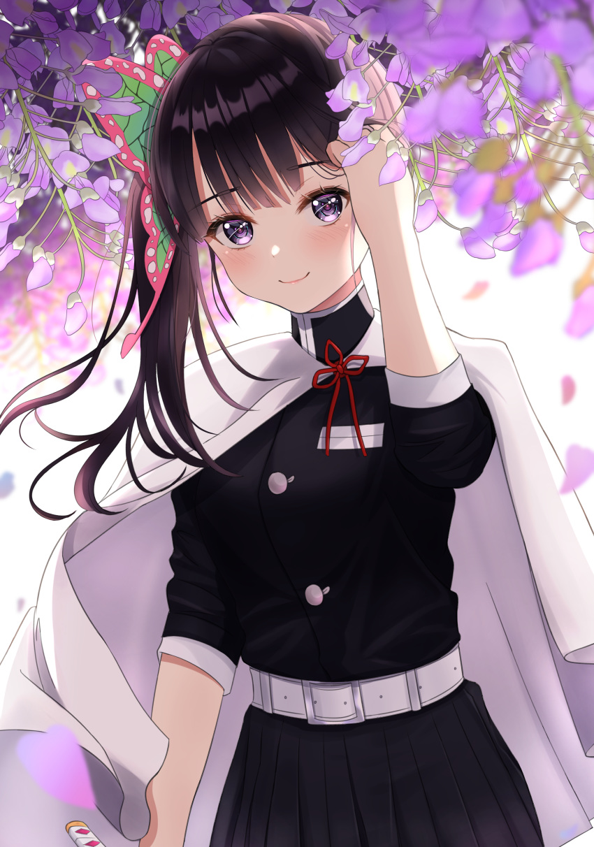 1girl absurdres bangs belt belt_buckle black_hair black_jacket black_skirt blurry_foreground buckle butterfly_hair_ornament cape closed_mouth eyebrows_visible_through_hair flower hair_ornament highres jacket kimetsu_no_yaiba long_hair looking_at_viewer military_jacket petals pleated_skirt purple_flower red_ribbon ribbon saki_(saki_paint) shiny shiny_hair side_ponytail skirt sleeves_rolled_up smile solo standing tsuyuri_kanao violet_eyes white_belt white_cape wisteria