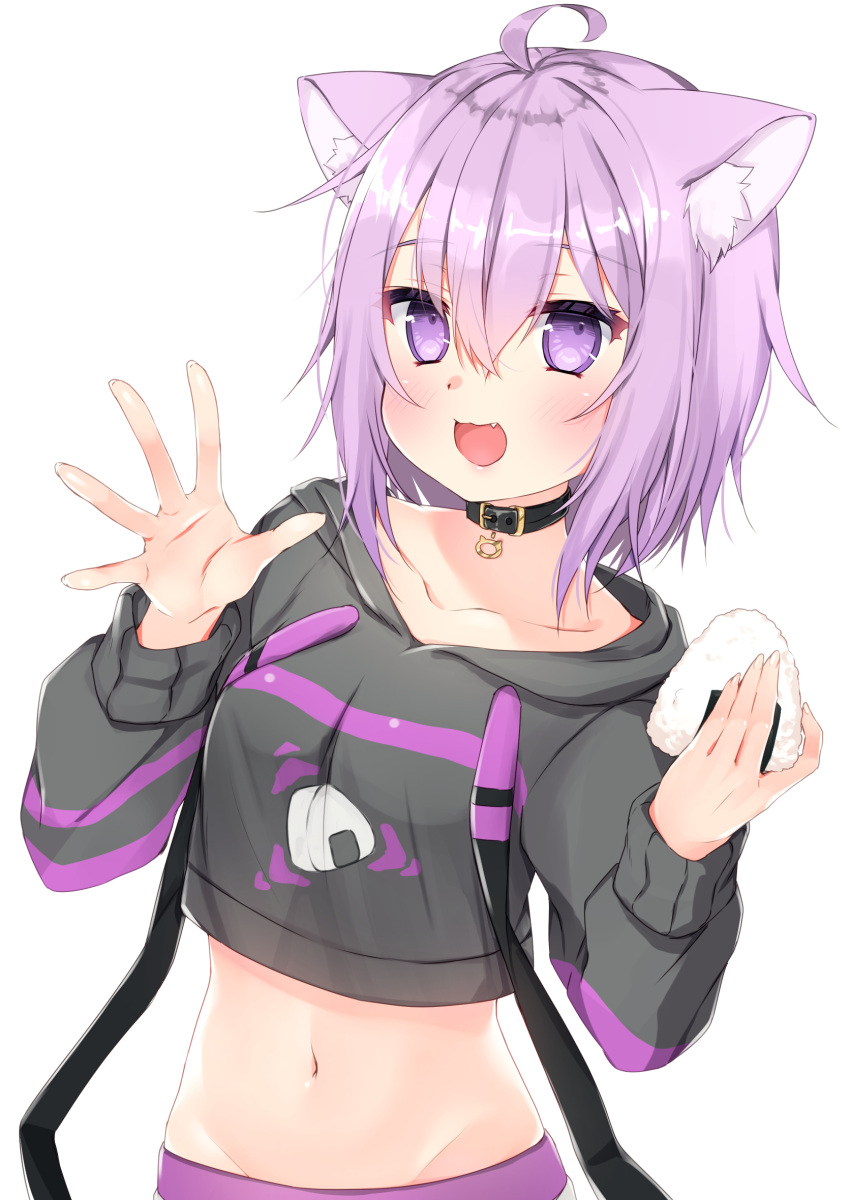 1girl :3 :d ahoge animal_ear_fluff animal_ears bangs black_collar blush breasts cat_ears collar collarbone commentary_request crop_top drawstring eyebrows_visible_through_hair fang food grey_hoodie groin hair_between_eyes hands_up highres holding holding_food hololive hood hood_down hoodie midriff navel nekomata_okayu onigiri open_mouth purple_hair simple_background small_breasts smile solo violet_eyes virtual_youtuber white_background yuuzaki