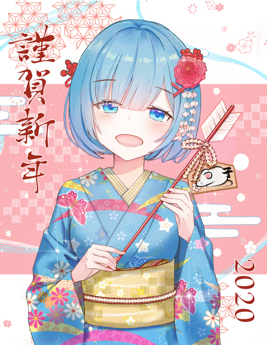 1girl 2020 :d bangs blue_eyes blue_hair blue_kimono blush eyebrows_visible_through_hair flower hair_flower hair_ornament half-closed_eyes head_tilt highres holding iren_lovel japanese_clothes kimono long_sleeves looking_at_viewer nengajou new_year obi open_mouth pink_flower print_kimono re:zero_kara_hajimeru_isekai_seikatsu rem_(re:zero) sash shiny shiny_hair short_hair smile solo standing upper_body x_hair_ornament