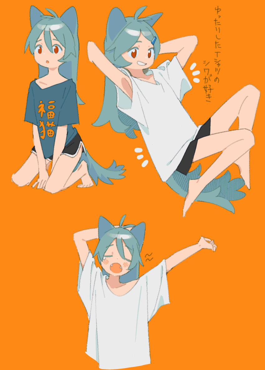 /\/\/\ 1girl animal_ears antenna_hair aqua_hair arm_behind_head arm_support armpits arms_behind_head arms_up bangs bare_legs barefoot between_legs black_shorts blue_shirt blush cat_ears cat_girl cat_tail closed_eyes collarbone dot_nose eyebrows eyebrows_visible_through_hair facing_viewer fangs from_side grin hair_between_eyes hair_ornament hairclip hand_between_legs highres long_hair looking_away multiple_views muted_color niwabuki open_mouth orange_background original parted_lips red_eyes ruka_(niwabuki) shirt short_sleeves shorts simple_background single_tear smile squatting stretch t-shirt tail tareme tearing_up translation_request upper_body white_shirt yawning
