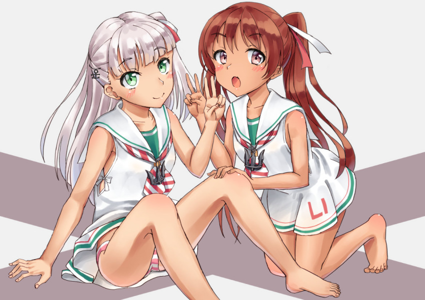 2girls anchor_hair_ornament anchor_necklace bangs barefoot blunt_bangs brown_eyes brown_hair clothes_writing commentary_request dress full_body green_eyes grey_background hair_ornament kantai_collection libeccio_(kantai_collection) long_hair looking_at_viewer maestrale_(kantai_collection) mayura2002 multiple_girls one_side_up panties pantyshot pantyshot_(sitting) ribbon sailor_dress silver_hair sitting sleeveless sleeveless_dress smile striped striped_neckwear striped_panties twintails two-tone_background underwear v white_dress white_ribbon