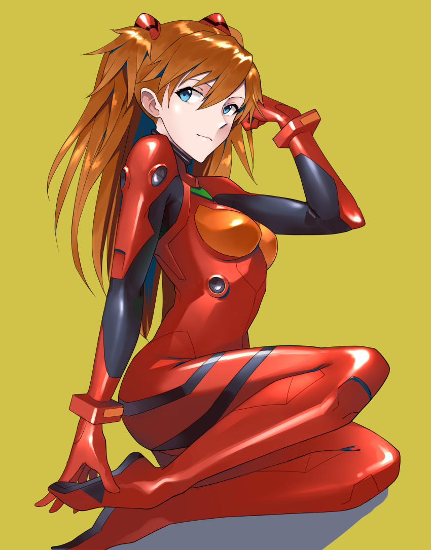 1girl blue_eyes bodysuit breasts breasts_apart brown_hair closed_mouth hair_between_eyes headgear highres long_hair neon_genesis_evangelion plugsuit red_bodysuit shiny shiny_clothes shiny_hair simple_background small_breasts smile solo souryuu_asuka_langley t-lex yellow_background