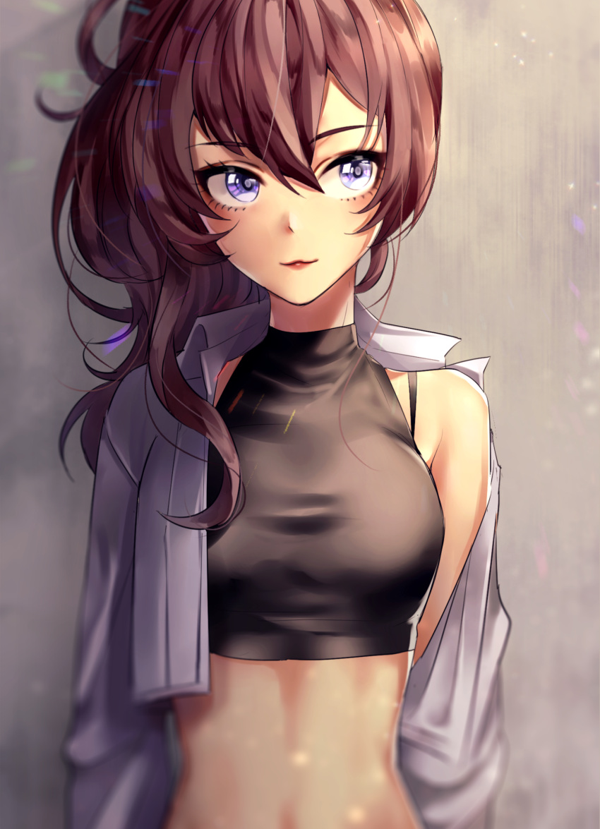 1girl :3 =3 bangs blue_eyes breasts crop_top hair_between_eyes hair_over_shoulder highres ichinose_shiki idolmaster idolmaster_cinderella_girls idolmaster_cinderella_girls_starlight_stage jacket long_hair long_sleeves medium_breasts navel open_clothes open_jacket redhead solo upper_body user_yunf4757 white_jacket